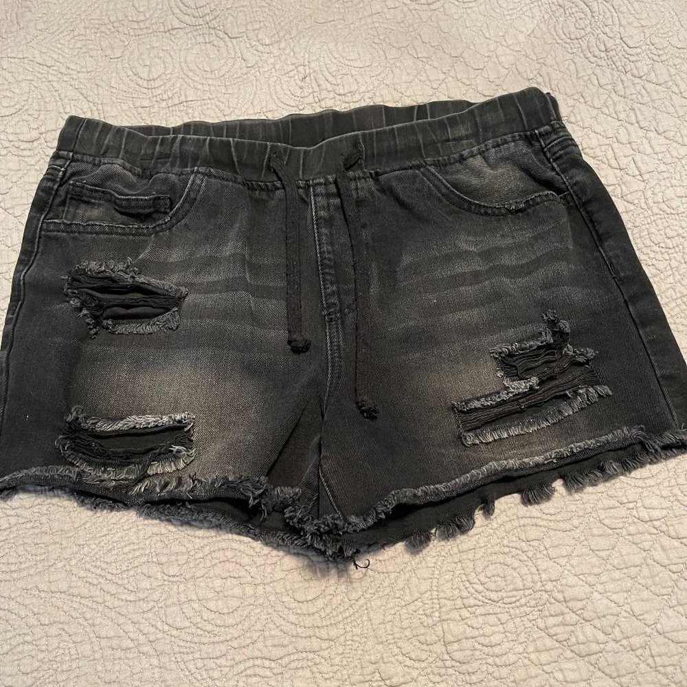 YMI Jean Shorts. Black. Distressed. Raw Hem. Drawstring/Elastic Waist.